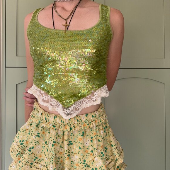 Green Upcycled Sequence Lace Top - Picture 2 of 5